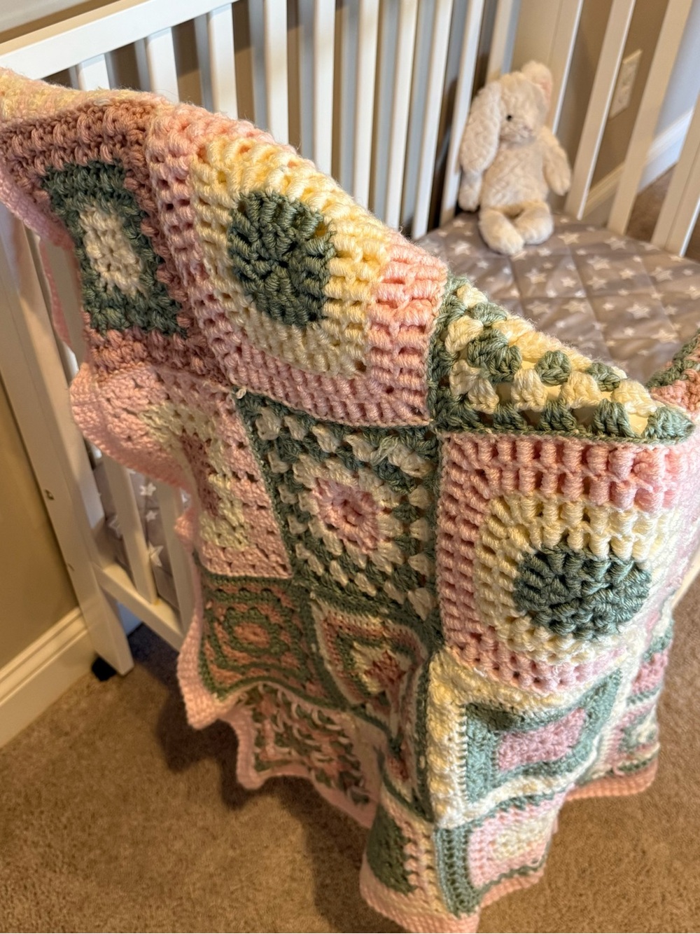 Handmade Crocheted Granny Square Baby Blanket in Pink, Green & Cream GORGEOUS